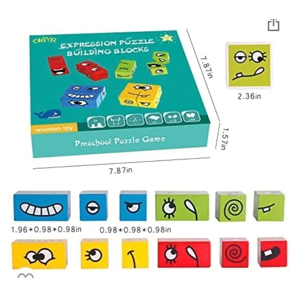 Wooden Expressions Matching Block Puzzles Building Cubes Toy Borad Games Educati